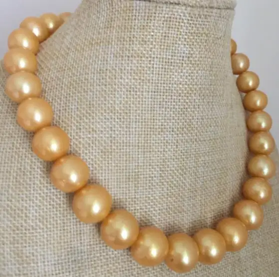 

huge13-15mm freshwater round gold pearl necklace 18inch 925silver