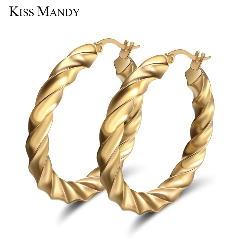 

KISS MANDY Hoop Earrings For Female Twisted Round Shape Simple Design Gold Color Women Earring Party Jewelry OTE32