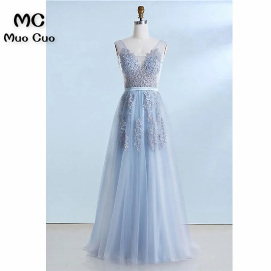 Blue tulle V neck long customize prom dress, long lace evening dress