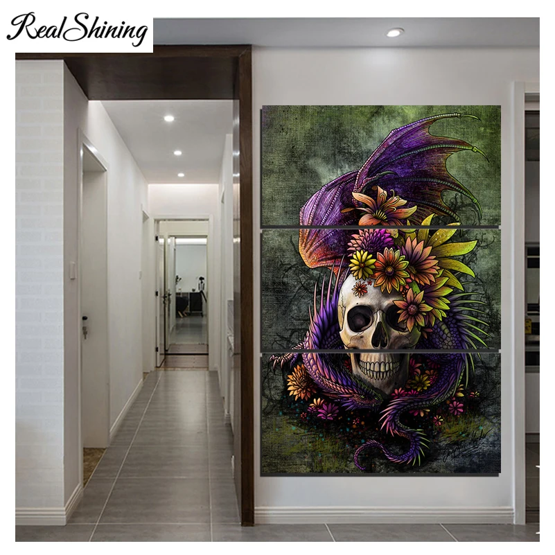 

REALSHINING Diy 5D Mosaic Diamond Painting Cross Stitch Flowers Dragon Skulls Full Square Diamond Embroidery Wall Sticker FS2074