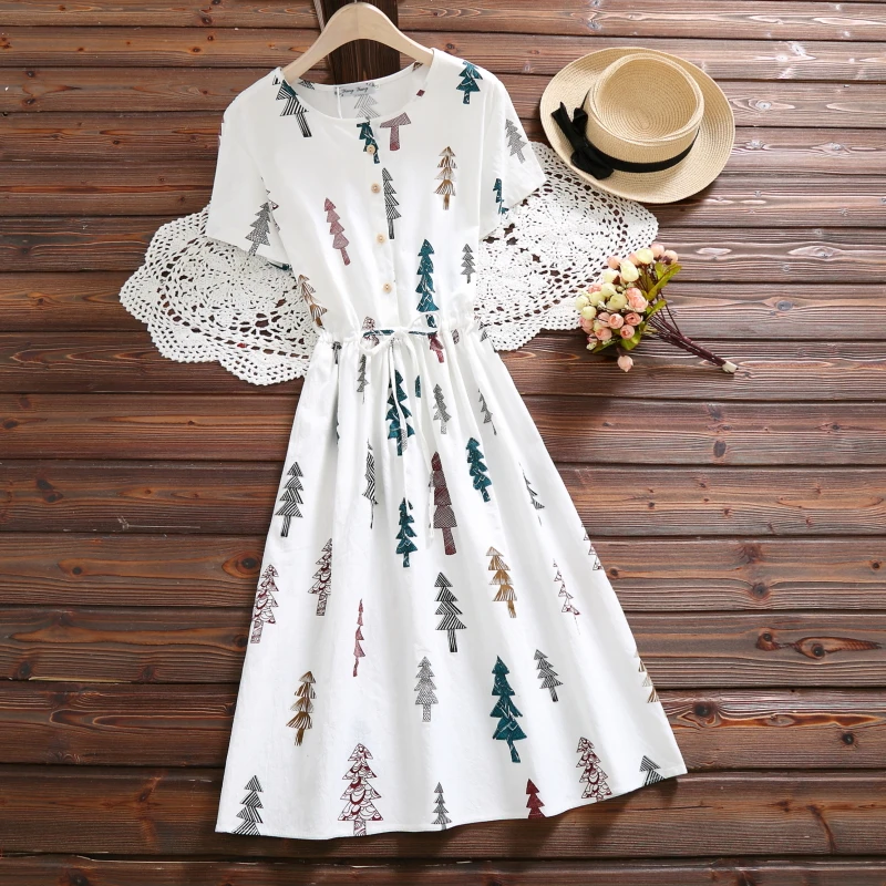 Mori Girl, летнее милое хлопковое и льняное платье, женское платье с принтом дерева и галстуком, короткий рукав, свободное повседневное женское платье, Vestidos, Z011