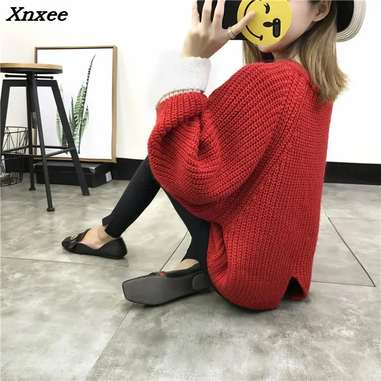 2018 Autumn sweater women pullover knitted knitted top for winter Sweater Leisure bat sleeve loose pullover sweater Female Xnxee