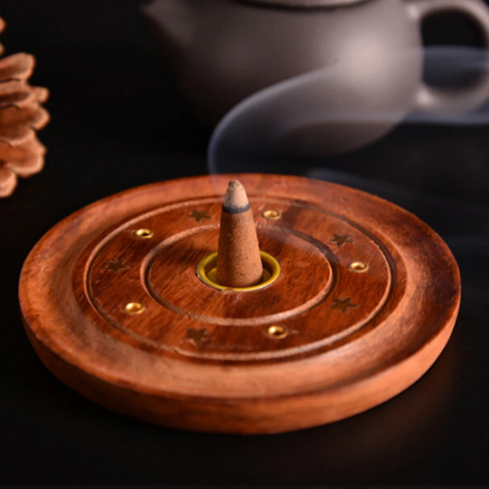 3PCS Round Wood 90 mm Carved Ash Catcher Incense stick Cone Holder
