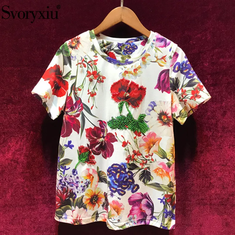 Günstig Svoryxiu 2019 Neue frauen Sommer Blume Drucken Kurzarm T Shirts Mode Lässig Sicken Designer Tops Tees Weiblich