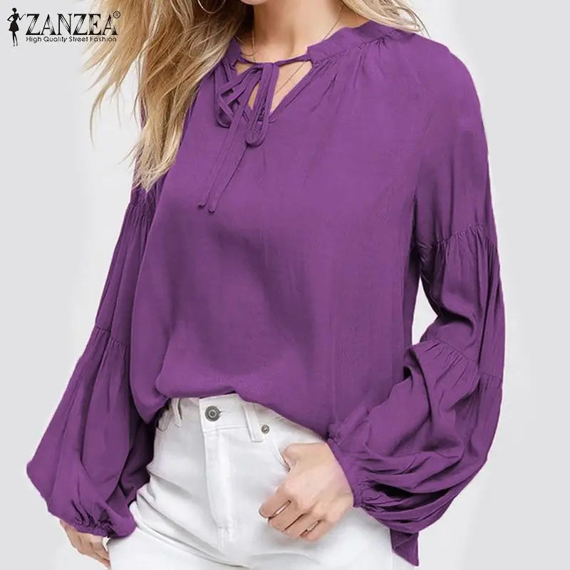

Elegant Lantern Sleeve Shirts Women's Blouse 2019 ZANZEA Summer V Neck Blusas Female Casual Work Chemise Plus Size Woman Tunic