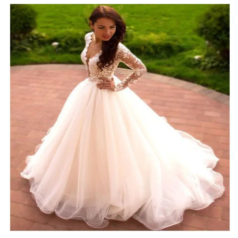 

Sexy Sweetheart A Line Long Sleeve Wedding Dresses 2019 Lace Applique Button Vestido De Noiva Sweep Train Bridal Gown Plus Size