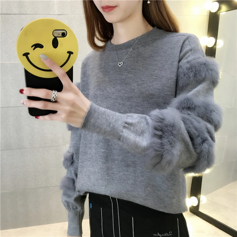 

New Spring Autumn Knitting Pullover Sweater for Women Long Sleeve with Fur Female Sweaters Knitted Tops Casual Clothes Korean