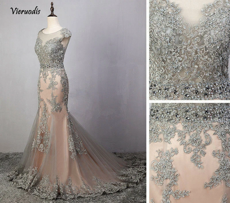 

Fashion New Lace Appliques Long Prom Dress Formal Mermaid Evening Dress Beaded See Through Party Gowns Custom