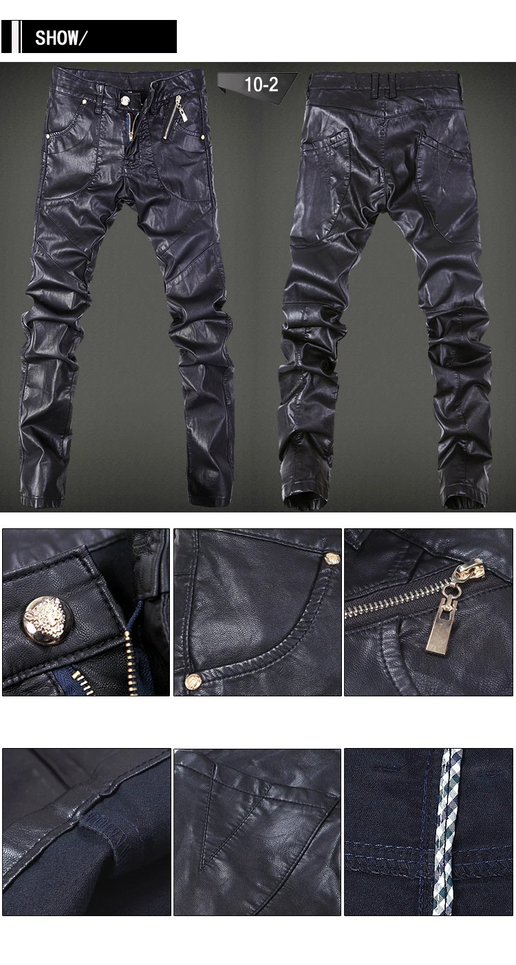 Новые осенние байкерские обтягивающие мужские готические панковские модные брюки из искусственной кожи с пряжками в стиле хип-хоп, на молнии, черные кожаные мужские брюки