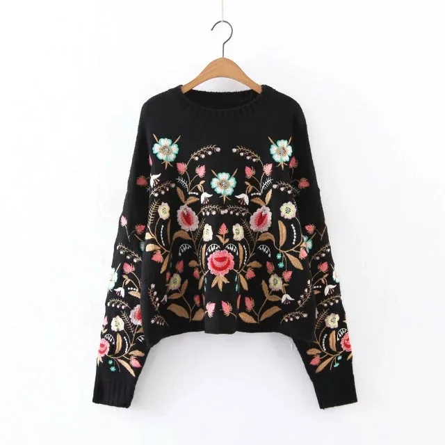 2017 Broderie Casual Tricots Gamme De Chaud Femmes Noir Lourde Nouveau Coloré Fleurs Pulls Dames Chandails Haut L'europe Style n0PO8wkX