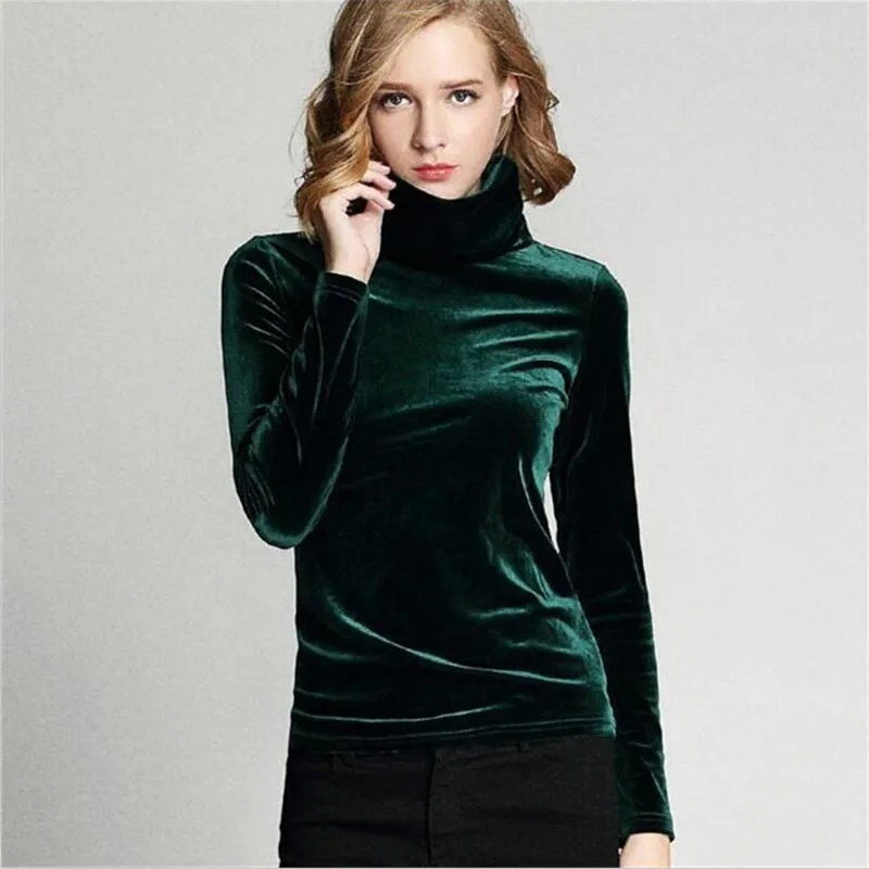 Gold Velvet Women's Casual High Collar Shirt 2017 New Plus Size Solid ...