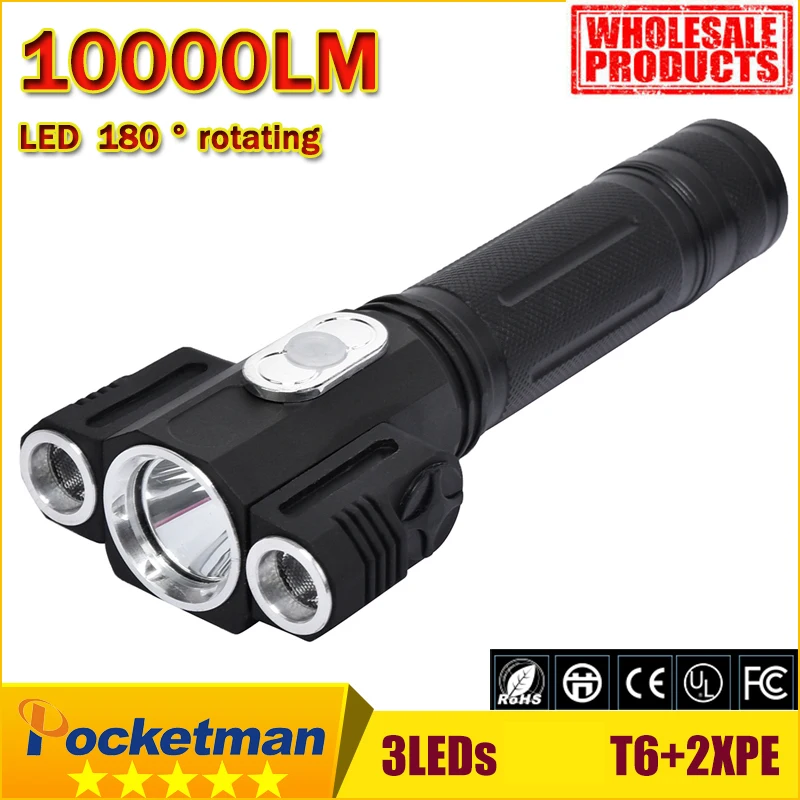 

LED flashlight 10000LM 3 LEDs 180 rotating T6+2*XPE Camp Hunting Torch flashlight tail with magnet for 1*18650