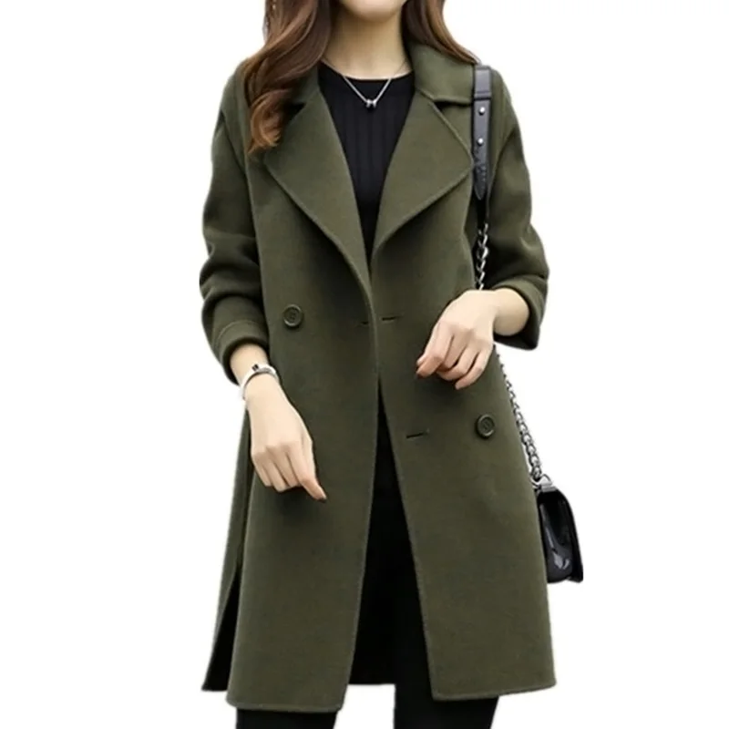 Autumn Winter Women Woollen Coat Long Sleeve Turn-Down Collar Oversize Blazer Outwear Jacket Elegant Overcoats Loose Coat CGU 88 - Цвет: Армейский зеленый