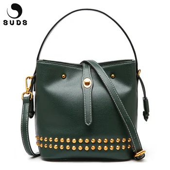 

SUDS Brand Women Rivet Genuine Leather Bucket Bag Luxury Handbags Women Bags Designer Shoulder Bags Large Capacity Crossbody Bag
