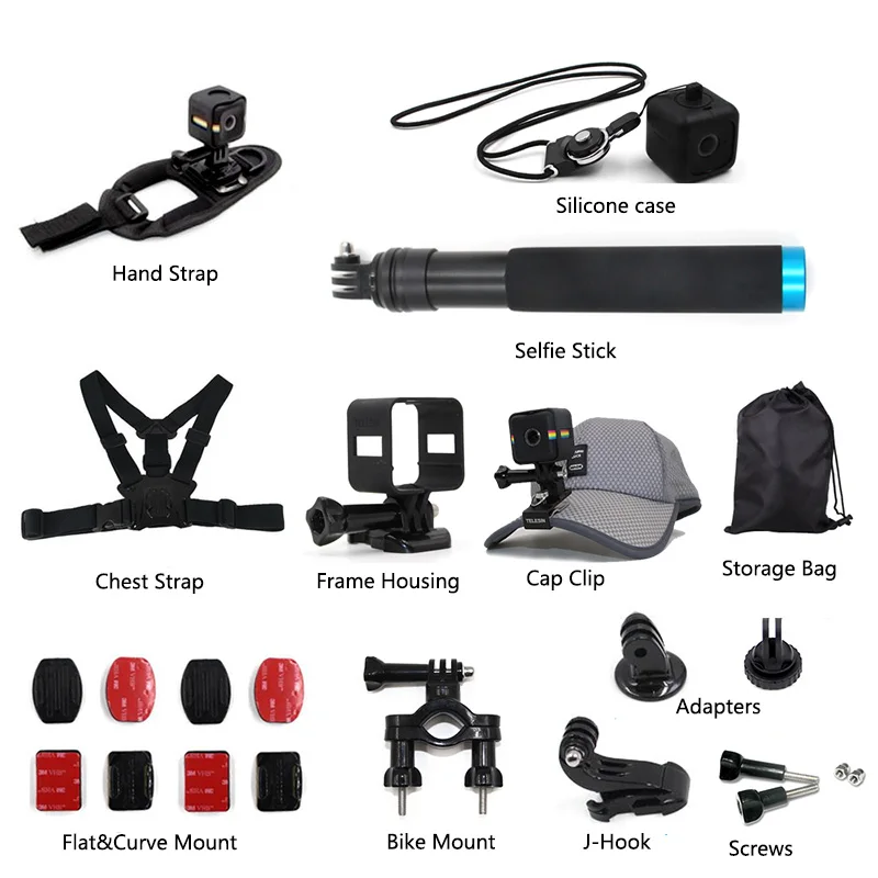 

TELESIN 17 in 1 Accessory Kit Selfie Stick Hat Clip Hand Chest Strap Silicone Case Flat Curved Mounts for Polaroid Cube Cube+