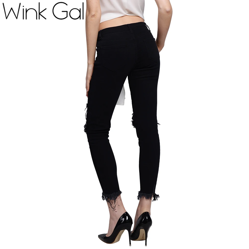 Wink Gal/летние джинсовые штаны; укороченные рваные джинсы; хлопковые брюки; узкие брюки черного цвета; ID1520