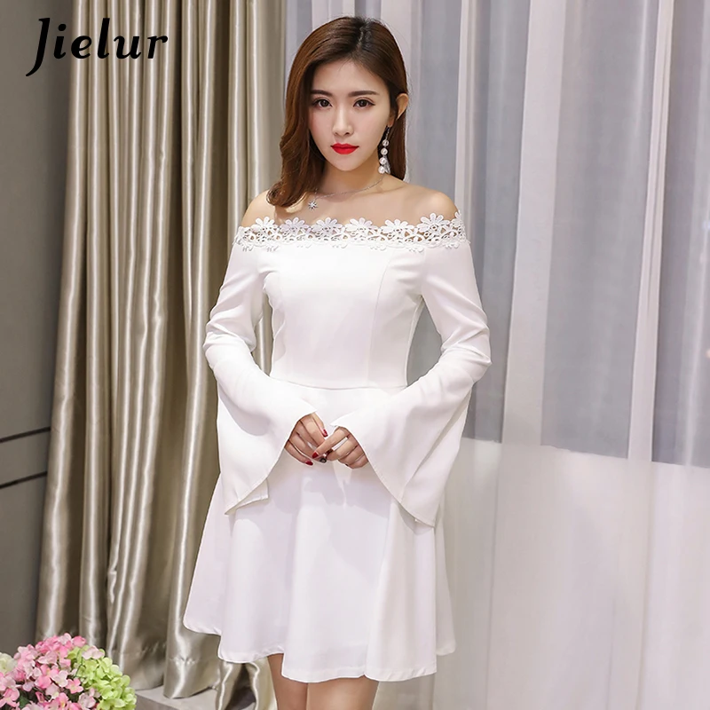 Jielur Korean Brief Gorgeous White Dress Sexy Slash Neck A Line Dress ...