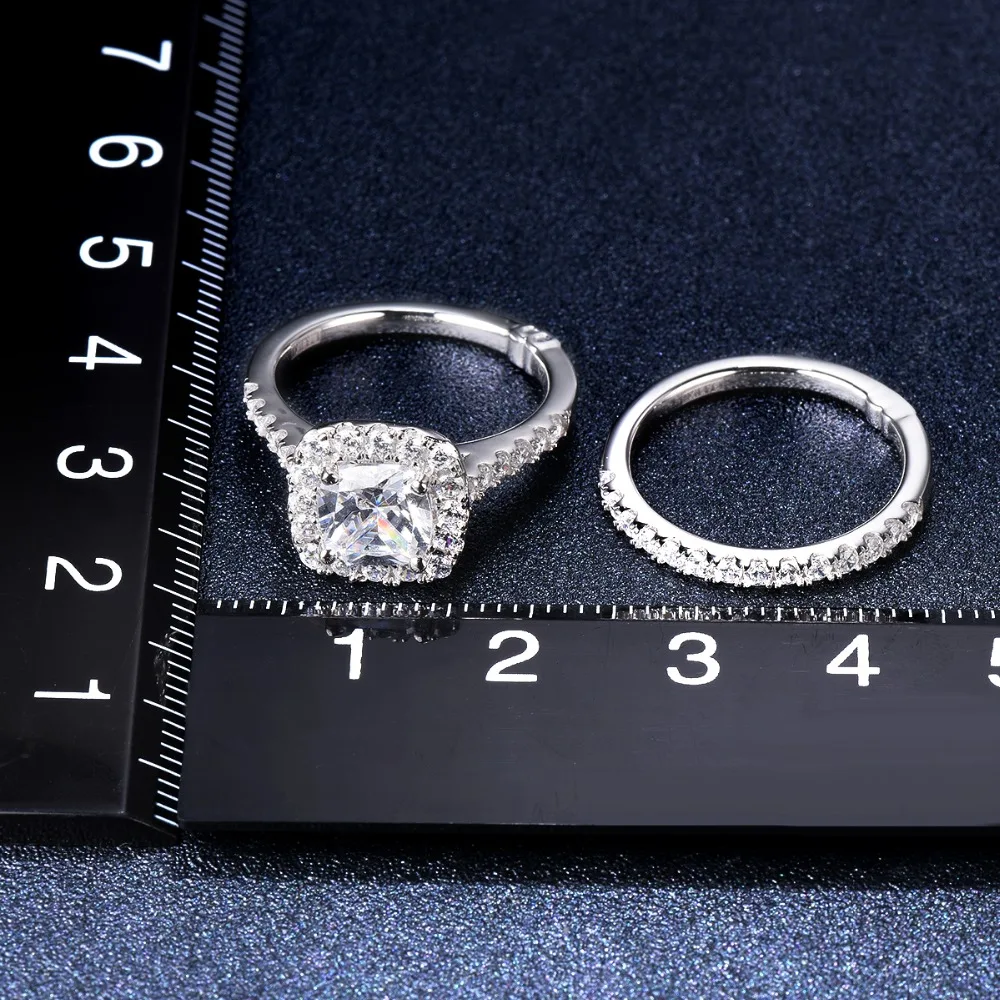 Изысканный 1.87ct, псевдо бриллиант, Halo наборы обручальных колец из 2-в-1 твердая 925 пробы серебро CZ Обручение кольцо для Для женщин Свадебная обувь