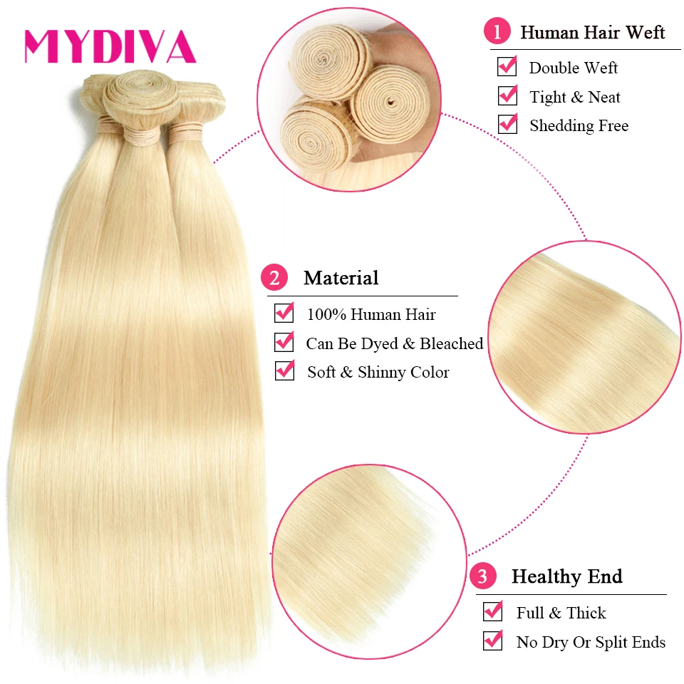Brazilian Straight Hair Weave Bundles With Frontal 613 Bundles With Frontal Blonde Human Hair Bundle With Closure Remy Mydiva