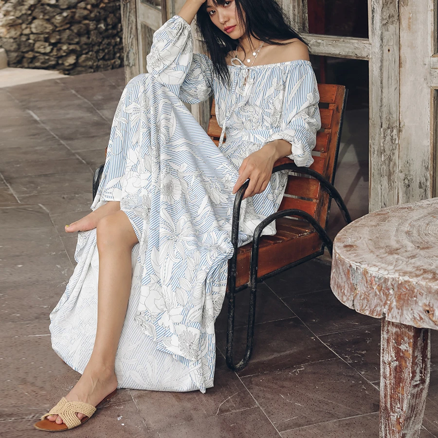 

KIYUMI Dress Women Rayon Summer Dress Open Back O-neck Boho Flower Printed Long Sleeve Maix Dress 2019 Woman Party Dresses Beach