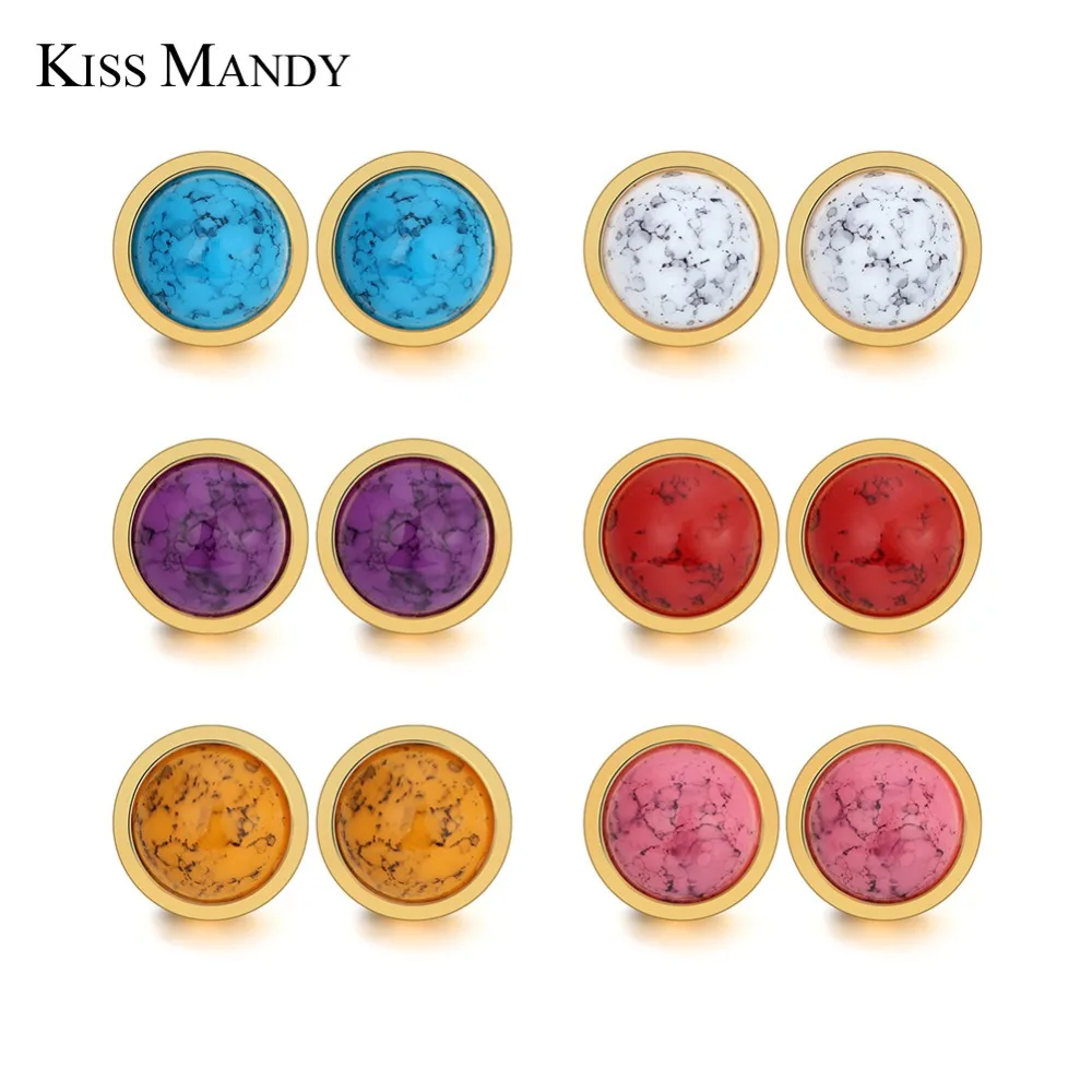

Kiss Mandy Geometric Stud Earrings For Women Girls Fashion 12MM 6 Color Bead Natural Stone Office Lady Trendy Jewelry Gift FE129