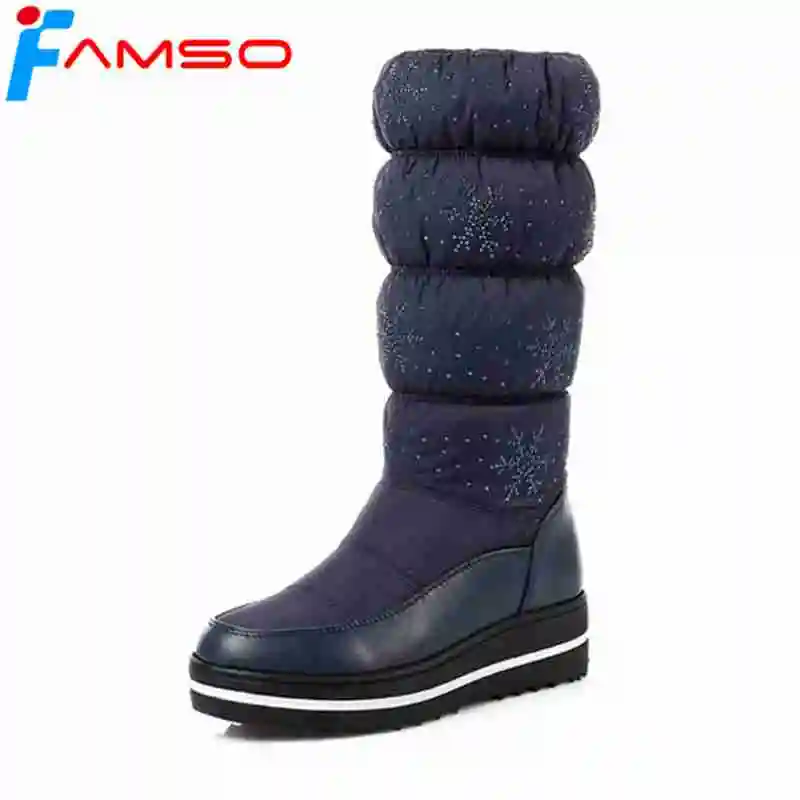 FAMSO/женская брендовая обувь; цвет черный, синий; обувь на платформе со стразами; мотоботы до середины икры; зимние меховые сапоги; SBT4602