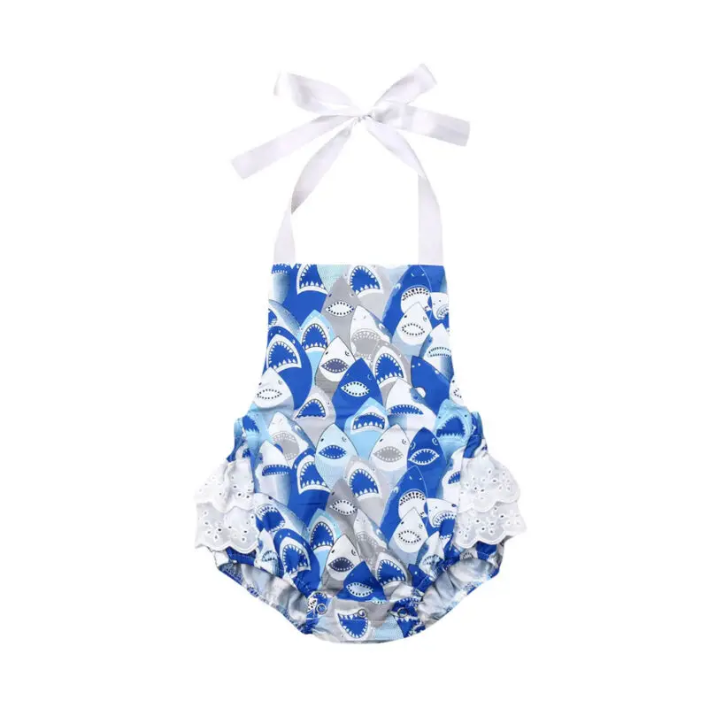 

0-24M Infant Newborn Baby Girls Rompers Cartoon shark Ruffles Jumpsuit Backless Baby Girls Clothing Summer Costumes