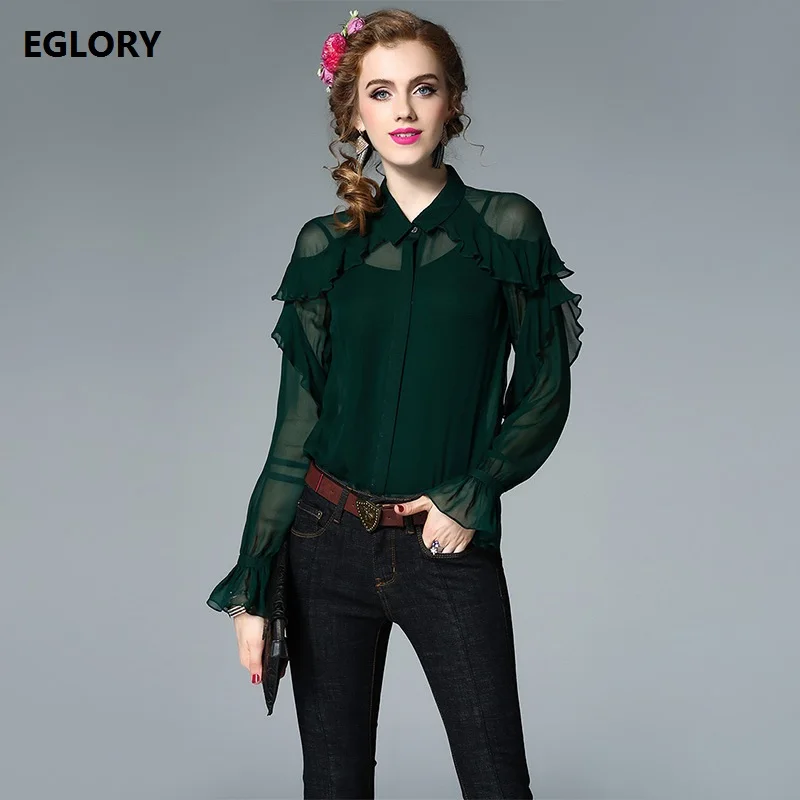 New Plus Size Blouses 2017 Autumn Spring Woman Turn down Collar Ruffles