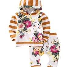 Теплая одежда с полосками для маленьких девочек; толстовка с капюшоном+ топы; штаны с цветочным принтом; 2 шт.! Костюм для детей, комплект