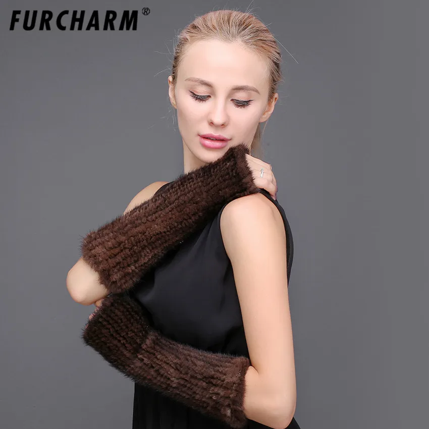100 Mink Fur Arm Warmer Women Autumn Winter 30cm Mittens Real Fur