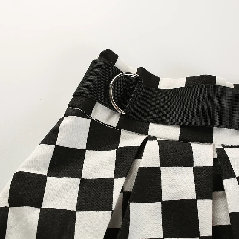 11Sweetown Korean Fashion Checkerboard Pleated Skirts Womens Sashes High Waist Zipper Cotton Short Skirt Woman Summer 2018 Skirts