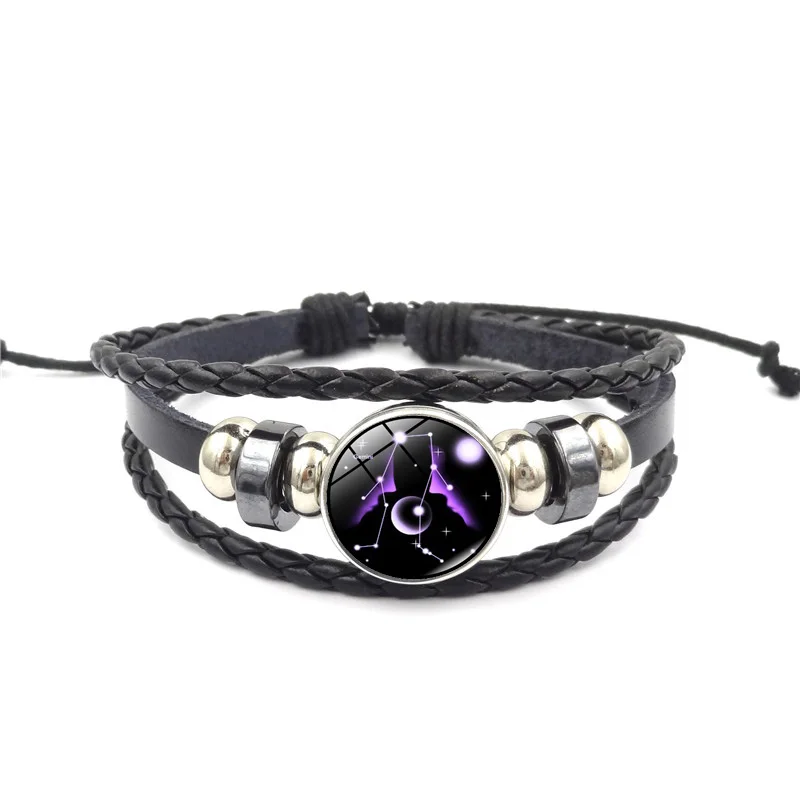 

12 Constellation Charm Bracelet Retro Punk Style Zodiac Glass Buckle Jewelry Multilayer Leather Bracelet Men Women Birthday Gift