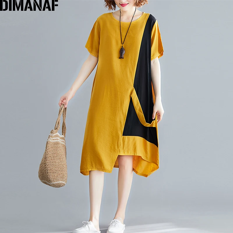 

DIMANAF Plus Size Women Summer Basic Dress Patchwork Female Lady Vestidos Fashion Loose Sundress Cotton Big Size Dress Clothing