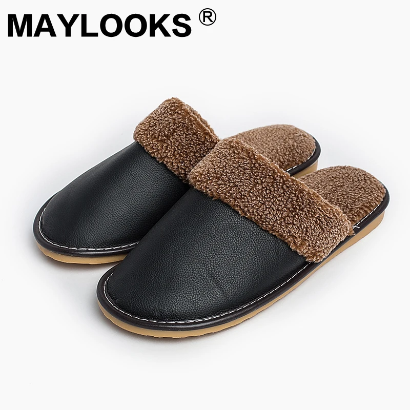 

Men's Slippers Winter genuine Leather Thick With Plush Home Indoor Non-slip Thermal Slippers 2018 New Hot Sale Maylooks M-8812