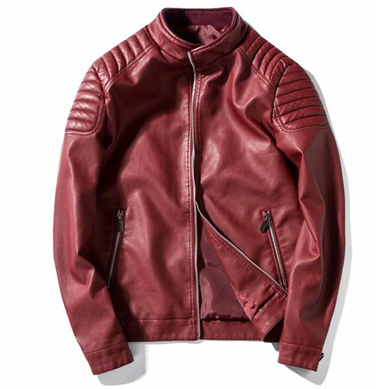 Кожаная мужская куртка, повседневная приталенная мотоциклетная куртка, Мужская мода, уличная одежда, воротник-стойка, искусственная кожа, пальто, Chaqueta Moto Hombre - Цвет: Красный