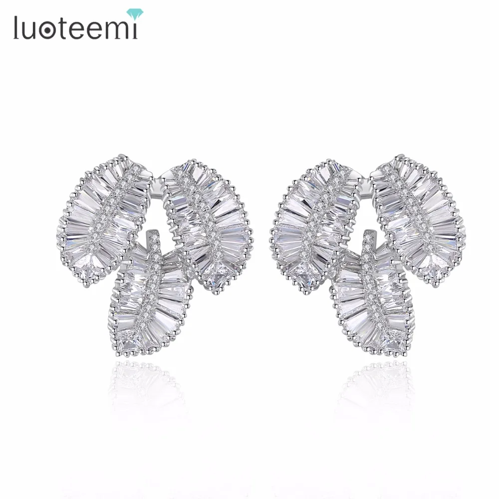 

LUOTEEMI New Elegant Leaf Shaped Luxury Clear Cubic Zirconia Statement Big Stud Earring For Women Wedding Party Jewelry Earrings