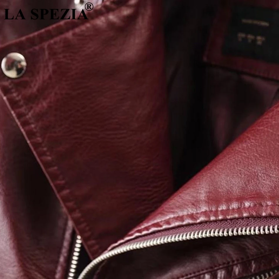 LA SPEZIA Faux Leather Jacket For Women Pink Zipper Jacket Female With Belt Pockets Rivet Irregular Biker Motorcycle Autumn Coat
