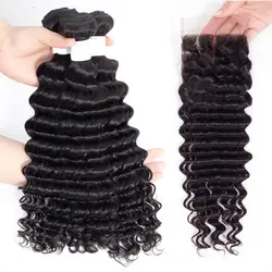 Перуанской пучки волос глубокая волна с закрытием 100% натуральные волосы Ткань Связки с закрытием 3 Связки с кружевом Закрытие Бесплатный
