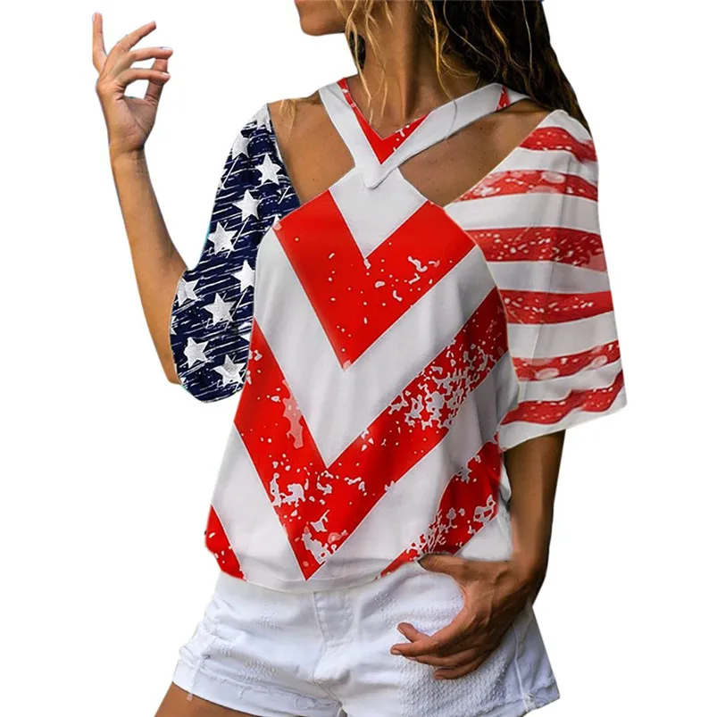 Women Fashion Flag T-Shirt With Stripes And Stars Tees Short Sleeve Round Neck T-Shirt Clothing For Women Girls 35AP10 (7)
