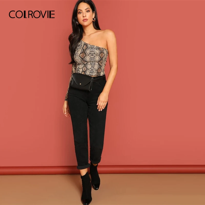 COLROVIE One Shoulder принт змеиной кожи тонкая сексуальная укороченная Футболка женская Весенняя уличная одежда с длинным рукавом футболки, Дамские топы