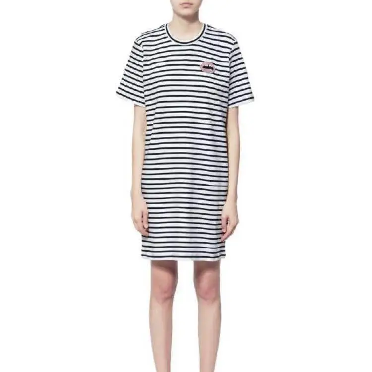 

European station 2019 summer new embroidered lip sequins women striped loose cotton T shirt dress