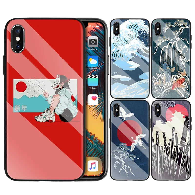 

Tempered Glass Case Coque for Apple iPhone 7 8 6 6S 11 11Pro X XR XS MAX Plus Tokyo Japanese Art Print Phone Case Cover Coque