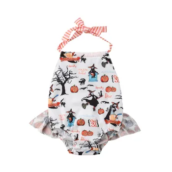 

Cute The Latest Baby Girl Pumpkin Bodysuit Halter Backless Jumpsuits Cotton Newborn Clothes Sleeveless Halloween Witch Bodysuit