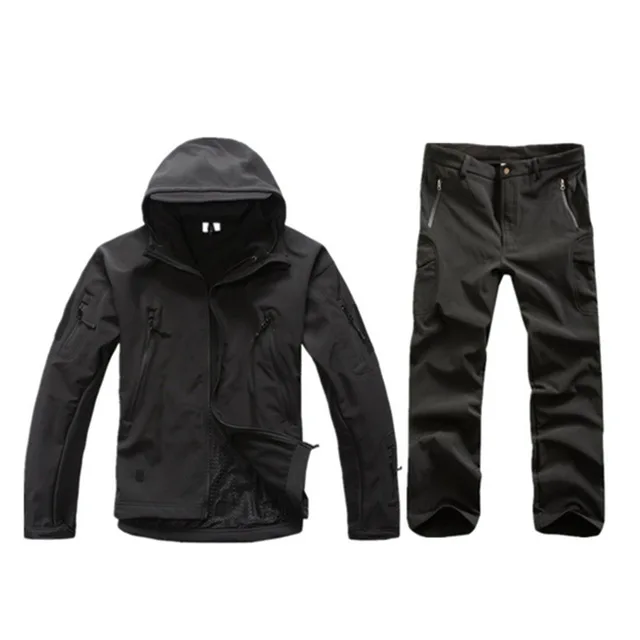 Уличные альпинистские флисовые утепленные водонепроницаемые куртки+ брюки, мужские походные тактические камуфляжные пальто с капюшоном, брюки, костюмы - Цвет: black