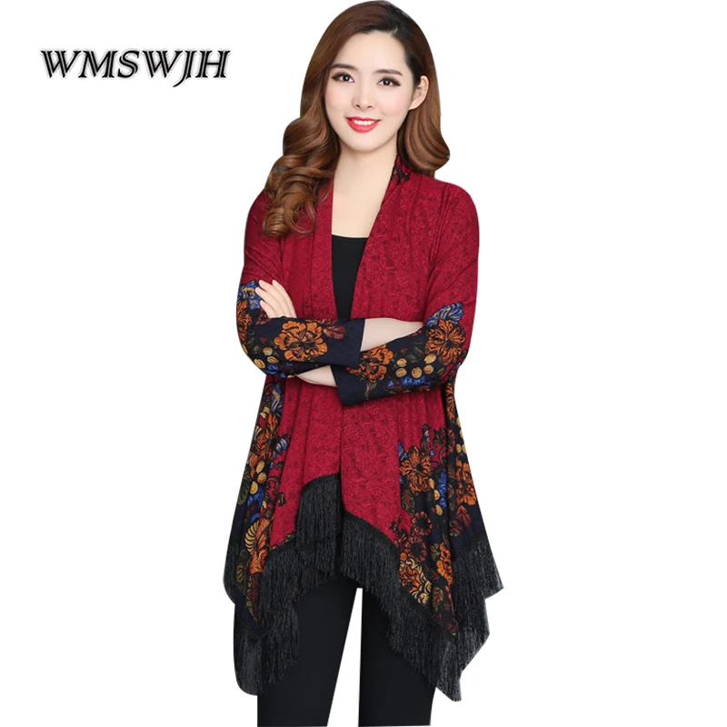 

2019 New Spring Female Plus Size L-7XL Vintage Tassel Kinitted Sweater Korean Loose Printing Cardigan Women's Fashion Shawl
