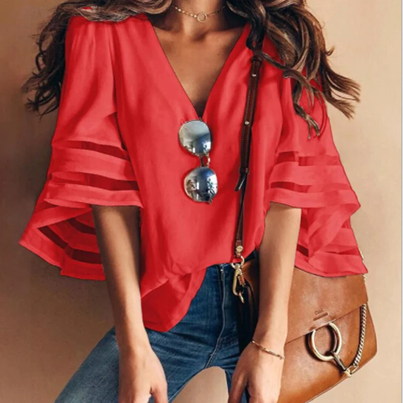 Весна-лето, женская блузка с кружевным плетением, блузка из кусков, шифоновая рубашка с длинным рукавом, повседневные топы, белые пуловеры - Цвет: Red
