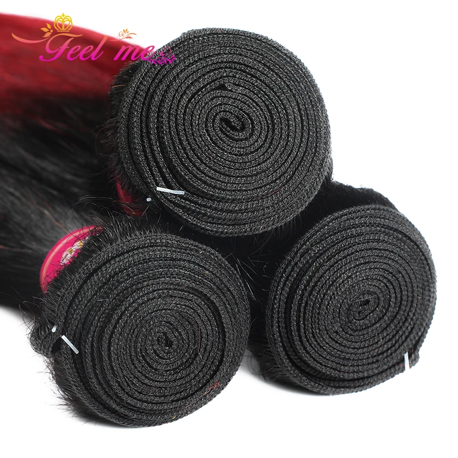 Feel Me Hair Straight Malaysian Hair Bundles Ombre Human Hair Extensions 1b/burgundy 3 Bundles red Hair Weave Non-remy
