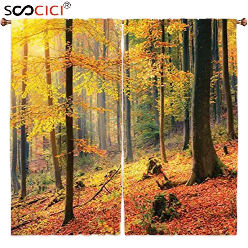 

Window Curtains Treatments 2 Panels,Farm House Decor Collection Colorful Autumn Forest Sunbeams Golden Leaves Trees Seasonal