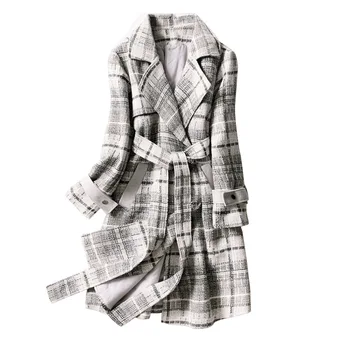 

Women Plaid Long Coat Long Sleeve Woollen Overcoat Loose Outwear Female Winter Autumn Trench Coats Plus Size 5XL With Belt