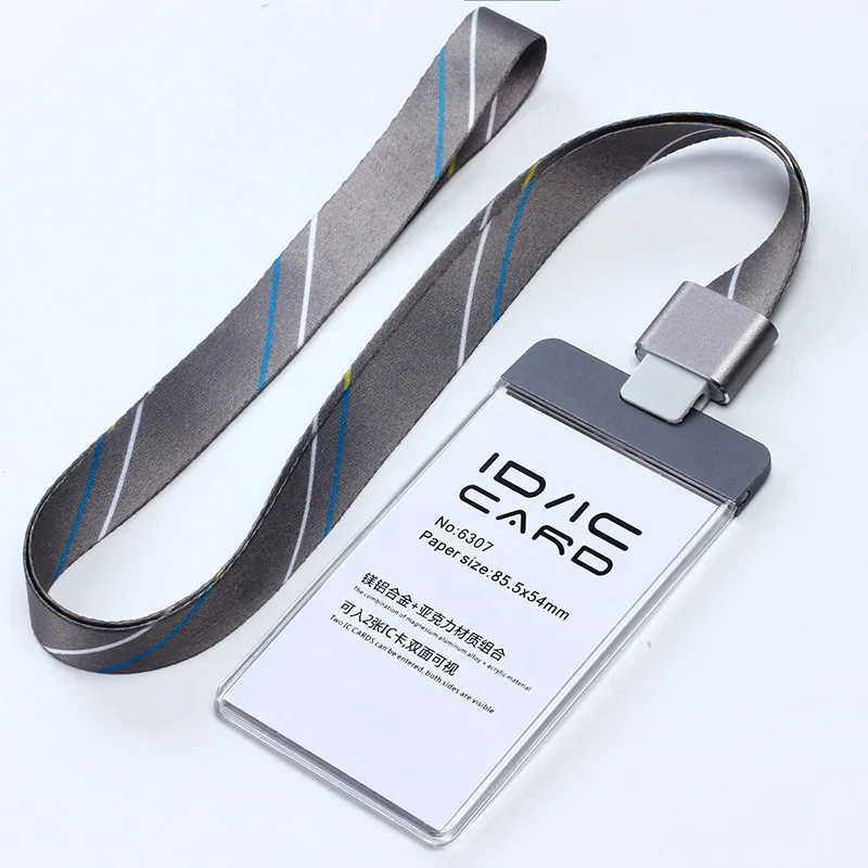 Прозрачный акриловый пластик с металлической ID IC карты держатель пропуска карты+ цветной полиэфирный ремешок с пряжкой из сплава Al - Цвет: V Stripe grey set